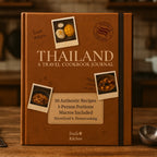 Authentic Thai cookbook displayed in a kitchen, inspired by travel experiences and Thai food culture