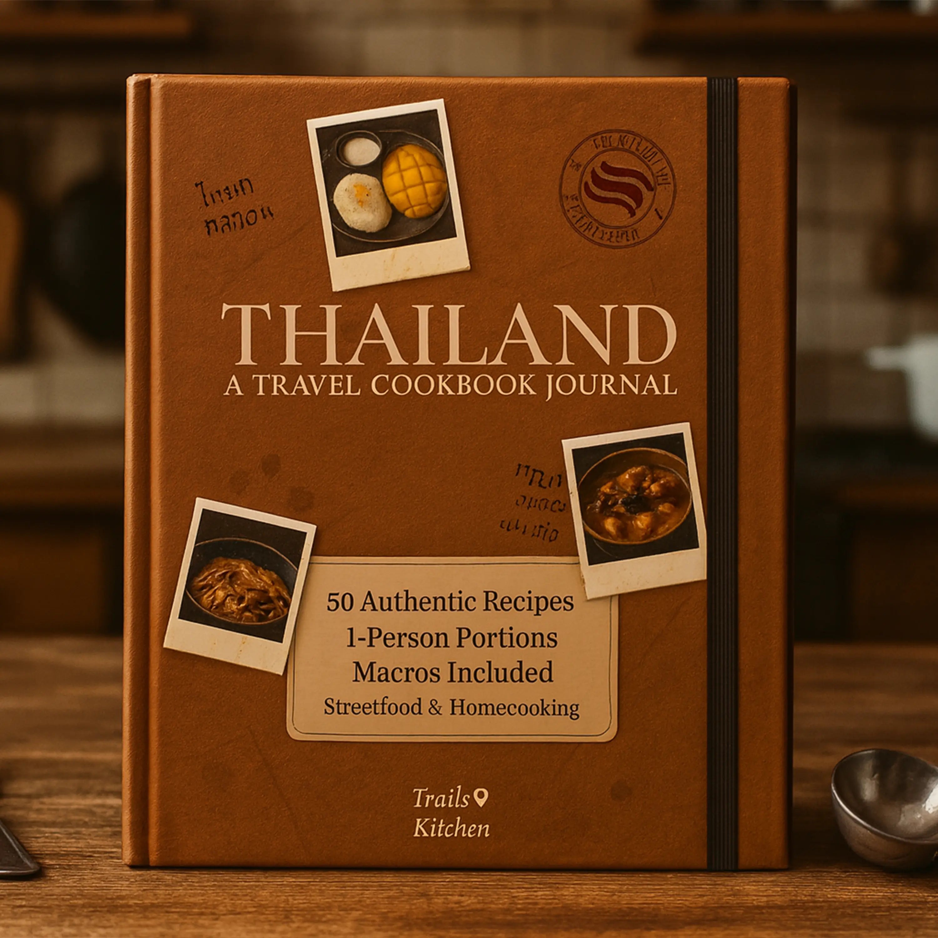 Authentic Thai cookbook displayed in a kitchen, inspired by travel experiences and Thai food culture