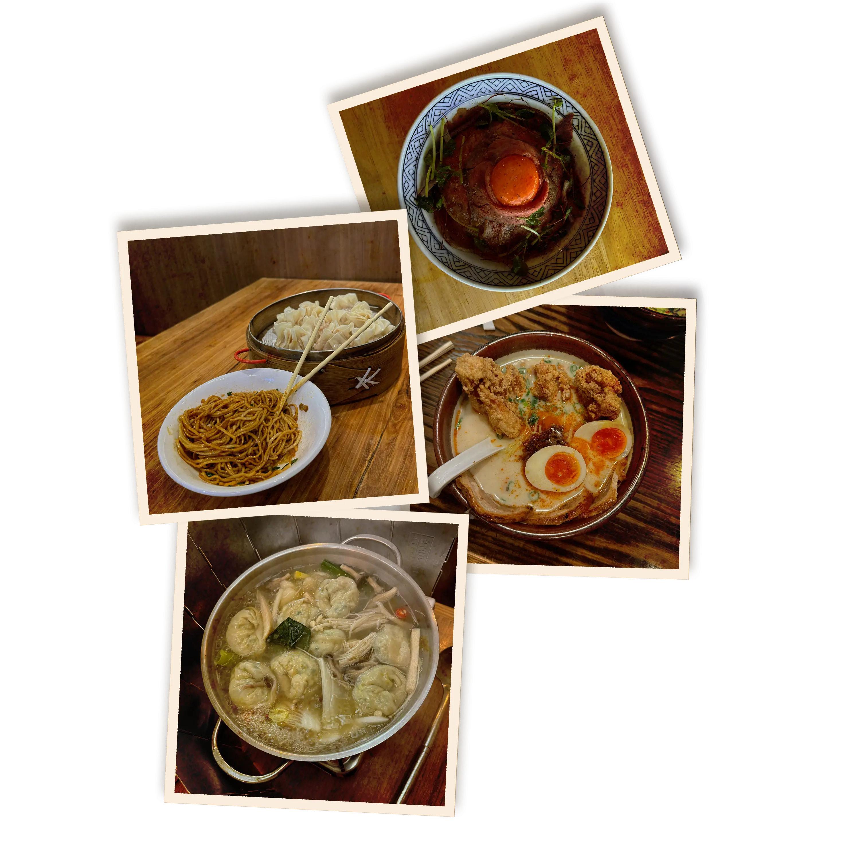 collage of pictures including chinese noodles, xiao long bao, ramen, kobe beef and korean wonton