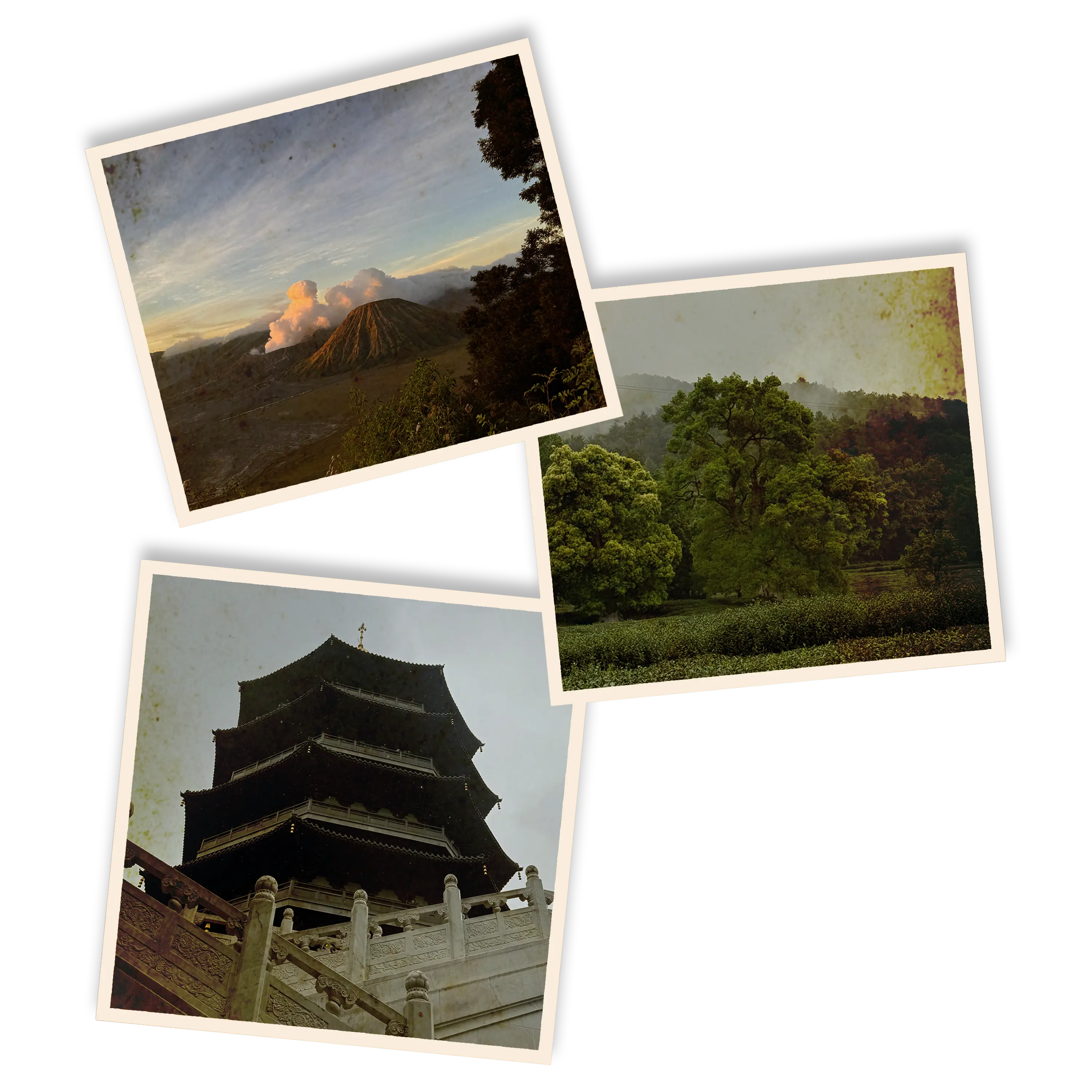 collage of travel pictures with Mount Bromo, and the Chinese countryside in Hangzhou